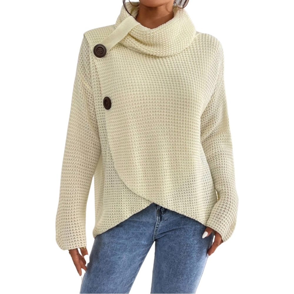 Cotton Waffle Stitch Turtleneck With Button Down Shoulder Drop Sweater